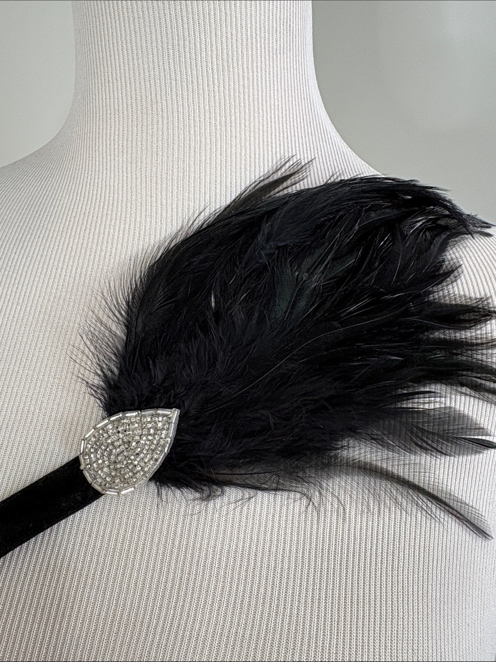 Black Feather, Rhinestone Headpiece with Velvet straps  - Women Accessories